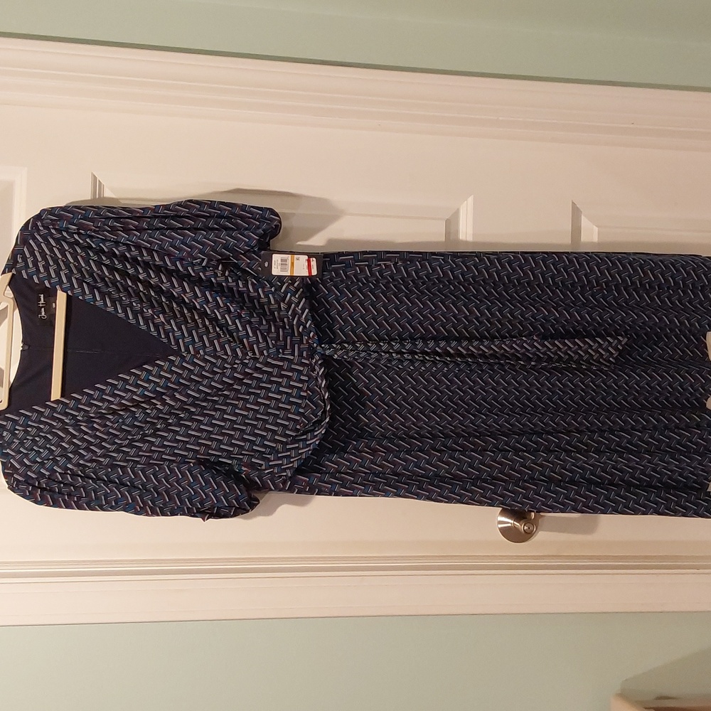 New Jessica Howard Navy/Multi Midi Dress 16W. PLUS. Side Pockets, Back Zip